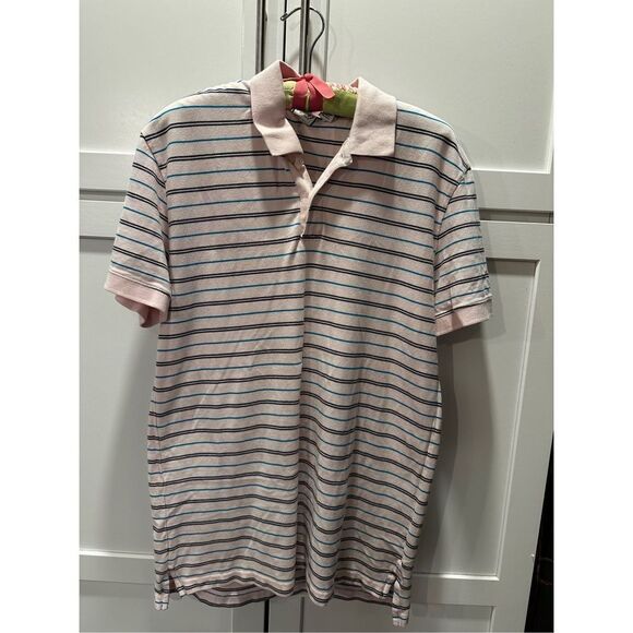 Vintage 1980’s Jimmy’z Short Sleeve Polo Pink Blue Black Stripes Men’s Sz L - Picture 1 of 4
